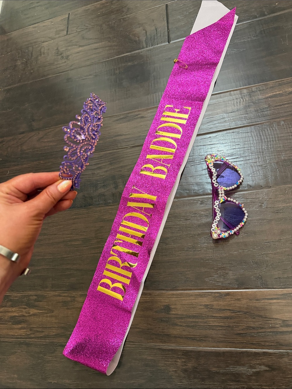 New Birthday Baddie 4-Piece Party Set Purple Heart Glasses Sash Pin 4 Sash Tiara